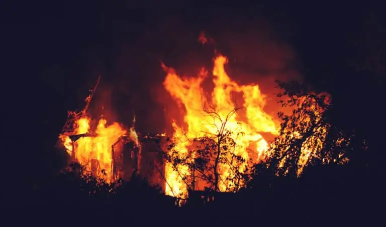 A large, intense fire engulfs a structure at night, with bright, towering flames and thick smoke rising into the sky. Silhouetted trees and bushes are visible in the foreground, highlighting the severity of the blaze.