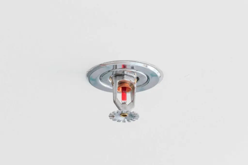 Close-up view of a ceiling-mounted fire sprinkler with a metallic finish against a plain white background. The sprinkler features a central red glass bulb and a circular deflector at the bottom.