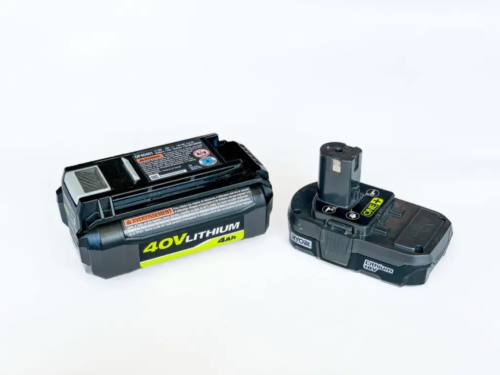 Two different lithium-ion batteries are displayed on a white background. The one on the left is labeled "40V Lithium 4.0Ah" and the one on the right appears to be a different model with a different shape and smaller size.