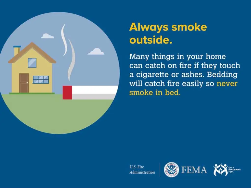 An illustration shows a burning cigarette outside a house. Text advises: "Always smoke outside. Many things in your home can catch on fire if they touch a cigarette or ashes. Bedding will catch fire easily so never smoke in bed." The FEMA and U.S. Fire Administration logos are also visible.