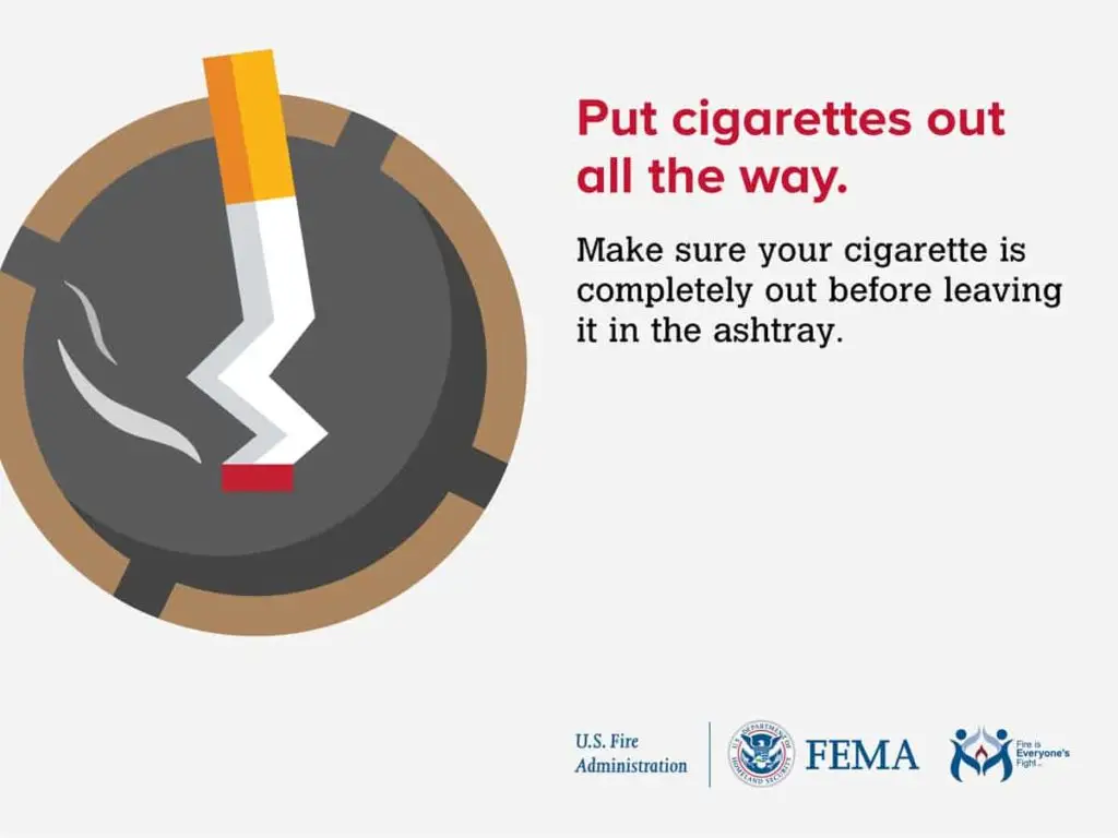 An illustration of a cigarette being extinguished in an ashtray, accompanied by the text: "Put cigarettes out all the way. Make sure your cigarette is completely out before leaving it in the ashtray." Logos of U.S. Fire Administration, FEMA, and Ready.gov are displayed below.