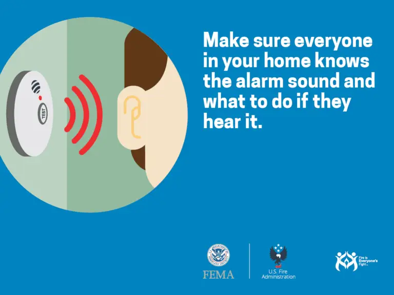 Illustration of a person listening to a beeping smoke alarm, accompanied by text: "Make sure everyone in your home knows the alarm sound and what to do if they hear it." Includes logos of FEMA, U.S. Fire Administration, and Fire is Everyone's Fight.