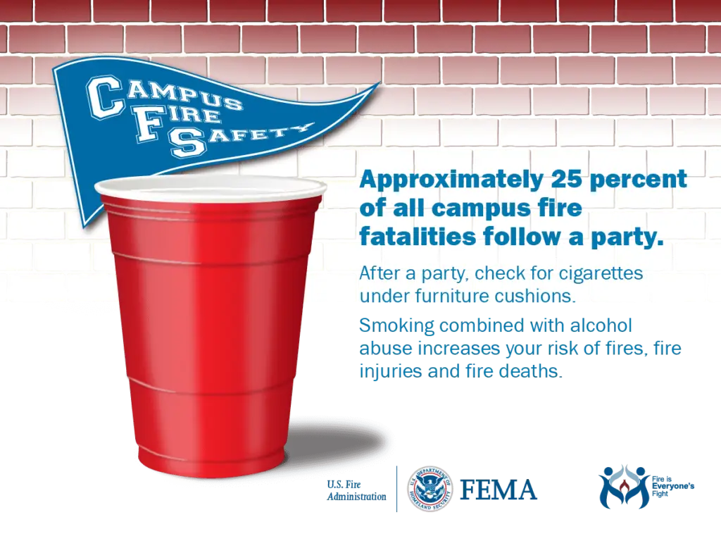 Image of a poster about campus fire safety. It features a red plastic cup against a brick wall with a banner that reads "Campus Fire Safety." Text on the poster states statistics about fire fatalities following parties and safety tips. Logos of DHS, FEMA, and NFPA are at the bottom.