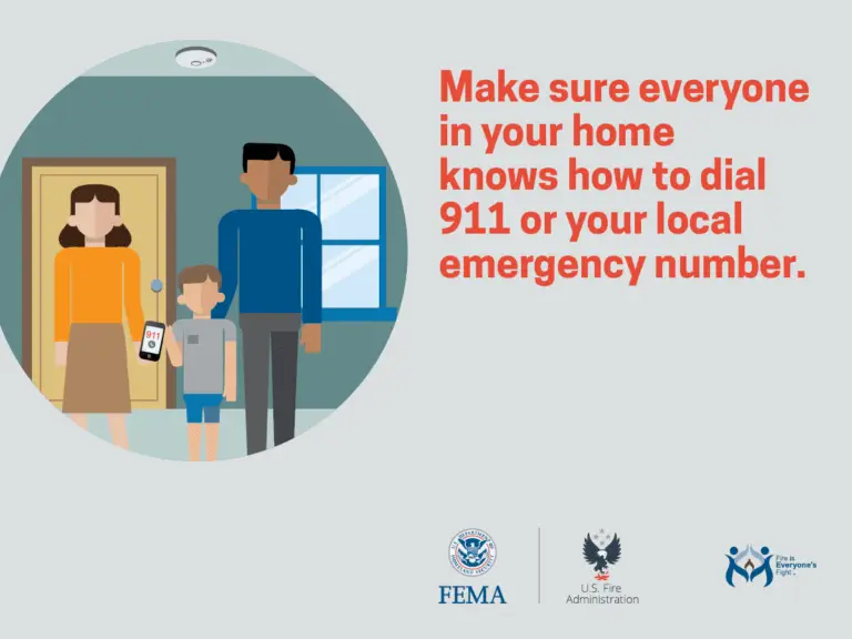 Illustration of a family near a doorway, with the child holding a phone displaying "911." Text on the right says, "Make sure everyone in your home knows how to dial 911 or your local emergency number." Logos for FEMA, U.S. Fire Administration, and the campaign are at the bottom.