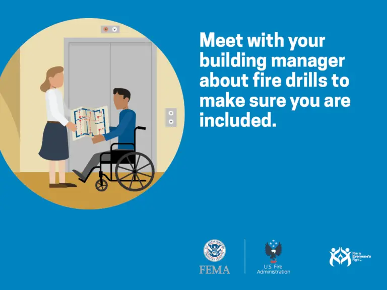 Illustration of a man in a wheelchair talking to a woman holding a fire drill evacuation map by an elevator. Text reads, "Meet with your building manager about fire drills to make sure you are included." FEMA and U.S. Fire Administration logos are at the bottom.