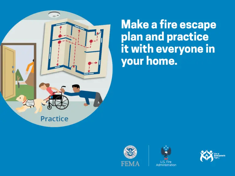 Illustration of a family practicing a fire escape plan. A person in a wheelchair is being assisted by another person, following a service dog towards the door. A floor plan with escape routes is shown above with the text "Make a fire escape plan and practice it with everyone in your home." Logos of FEMA, U.S. Fire Administration, and Fire Is Everyone's Fight are at the bottom.