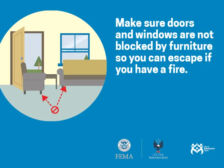 Illustration of an open door and a window with an obstructing armchair, demonstrating fire safety. Text reads: "Make sure doors and windows are not blocked by furniture so you can escape if you have a fire." FEMA, U.S. Fire Administration, and Fire is Everyone’s Fight logos are displayed.