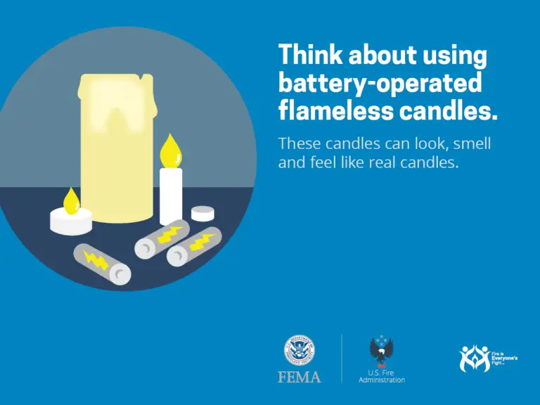 A graphic features a flameless candle and battery-operated tealights on a dark grey surface against a blue background. Text reads, "Think about using battery-operated flameless candles. These candles can look, smell and feel like real candles." FEMA and related logos are shown.