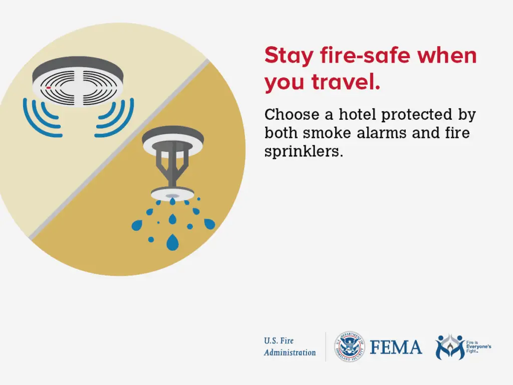 A graphic with text "Stay fire-safe when you travel. Choose a hotel protected by both smoke alarms and fire sprinklers." It includes illustrations of a smoke alarm and a fire sprinkler. Icons of the U.S. Fire Administration and FEMA are shown at the bottom.