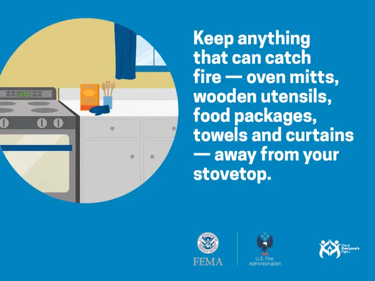 An infographic shows a kitchen scene with a stovetop. Text advises keeping items that can catch fire, such as oven mitts, wooden utensils, food packages, towels, and curtains, away from the stovetop. Logos for FEMA, the U.S. Fire Administration, and the FireSafe initiative are included at the bottom.