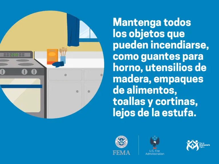 Illustration of a kitchen with a stove on the left and a counter with utensils. The right side has Spanish text advising to keep flammable objects like oven mitts, wooden utensils, food packages, towels, and curtains away from the stove. FEMA and USFA logos are at the bottom.