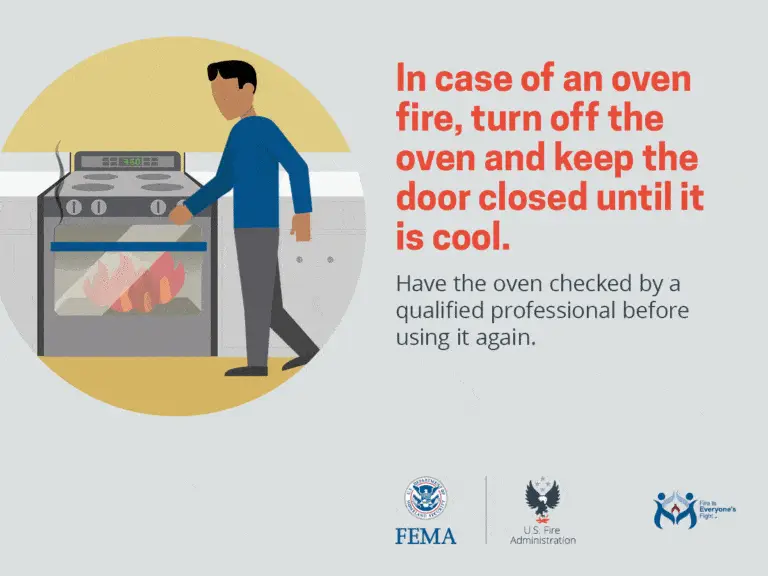 Illustration of a person turning off an oven with a fire inside. Text on the right says: "In case of an oven fire, turn off the oven and keep the door closed until it is cool. Have the oven checked by a qualified professional before using it again." Logos of FEMA, U.S. Fire Administration, and Ready.gov are at the bottom.