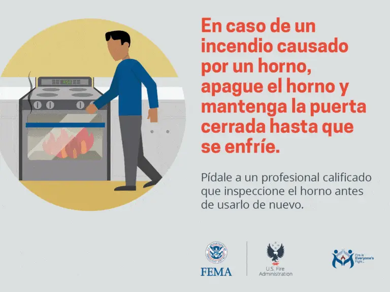 Illustration of a person standing in front of an oven in a kitchen. Spanish text advises to turn off the oven and keep the door closed if a fire occurs, and to have a qualified professional inspect it before use. Includes FEMA, US Fire Administration, and Fire Prevention Week logos.