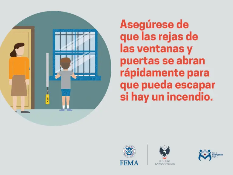 An illustration shows a woman and a child near a window with bars. The child is unlocking the barred window with a key. Spanish text advises ensuring that window and door bars can be quickly opened for escape during a fire. Logos for FEMA and other organizations are at the bottom.