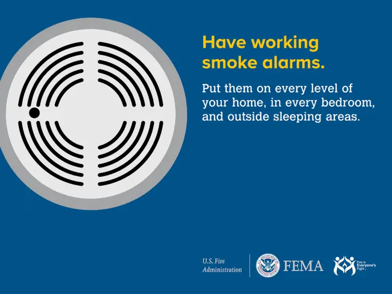 A smoke alarm illustration on a blue background. Text reads, "Have working smoke alarms. Put them on every level of your home, in every bedroom, and outside sleeping areas." At the bottom are logos for U.S. Fire Administration, FEMA, and Fire Prevention Week.