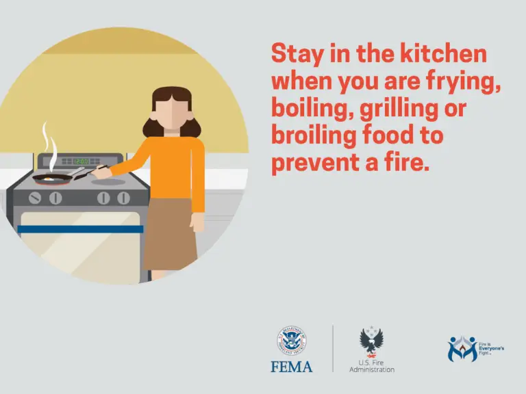 Illustration of a person cooking on a stove with a frying pan, accompanied by the text: "Stay in the kitchen when you are frying, boiling, grilling, or broiling food to prevent a fire." Logos for FEMA, U.S. Fire Administration, and "Fire is Everyone’s Fight" are at the bottom.