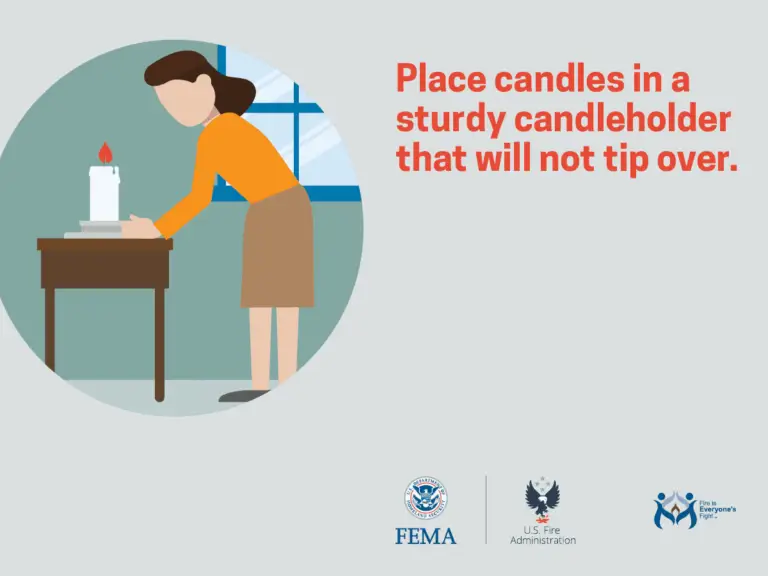 Illustration of a person placing a lit candle in a sturdy candleholder on a table. Text reads: "Place candles in a sturdy candleholder that will not tip over." Logos for FEMA, U.S. Fire Administration, and the U.S. Fire Service are at the bottom.