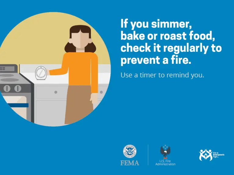 An illustration of a person standing in a kitchen next to a stove, holding a timer. Text reads: "If you simmer, bake or roast food, check it regularly to prevent a fire. Use a timer to remind you." Logos of FEMA, U.S. Fire Administration, and "Fire Is Everyone's Fight" are shown.