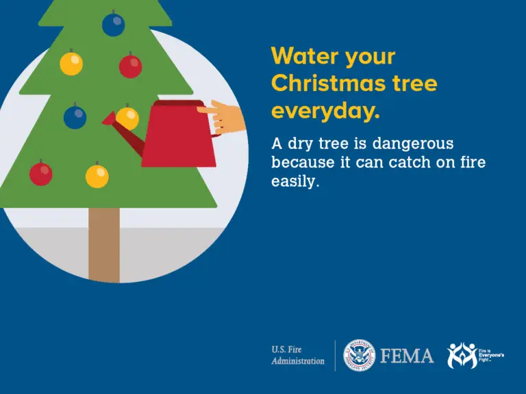 Illustration of a hand watering a Christmas tree with brightly colored ornaments. Text reads: "Water your Christmas tree every day. A dry tree is dangerous because it can catch on fire easily." Logos for U.S. Fire Administration, FEMA, and Ready Campaign are at the bottom.
