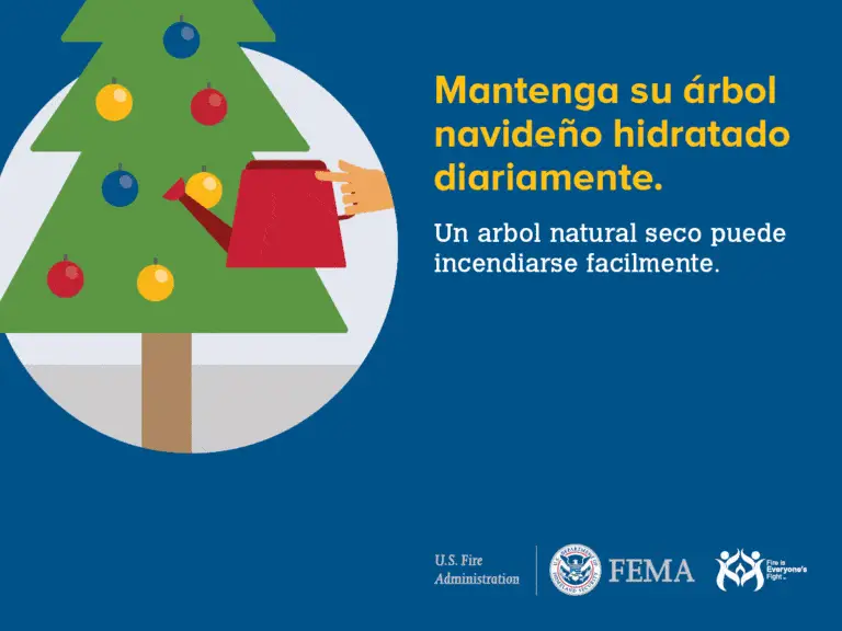 Ilustración de un árbol de Navidad decorado con luces y adornos, al lado de un mensaje en español que dice: "Mantenga su árbol navideño hidratado diariamente. Un arbol natural seco puede incendiarse fácilmente." Logotipos de U.S. Fire Administration y FEMA.