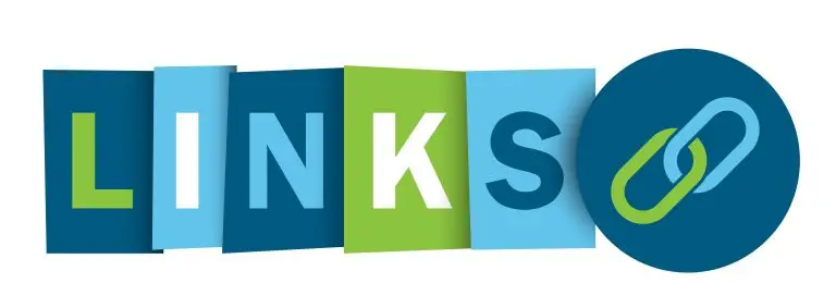The image features the text "LINKS" with each letter on a separate, slightly tilted square card. The cards are in blue, green, and light blue colors. The "L" is on a dark blue square, "I" on a light blue, "N" on a green, "K" on a light blue, and "S" on a dark blue circle with a two-linked chain icon.