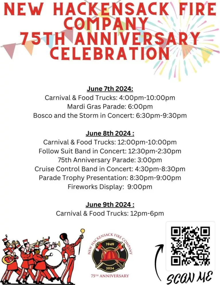 A colorful flyer announcing the New Hackensack Fire Company's 75th Anniversary Celebration. Events include a carnival, food trucks, parades, concerts, and fireworks from June 7th to June 9th, 2024. The flyer features a QR code for more information.